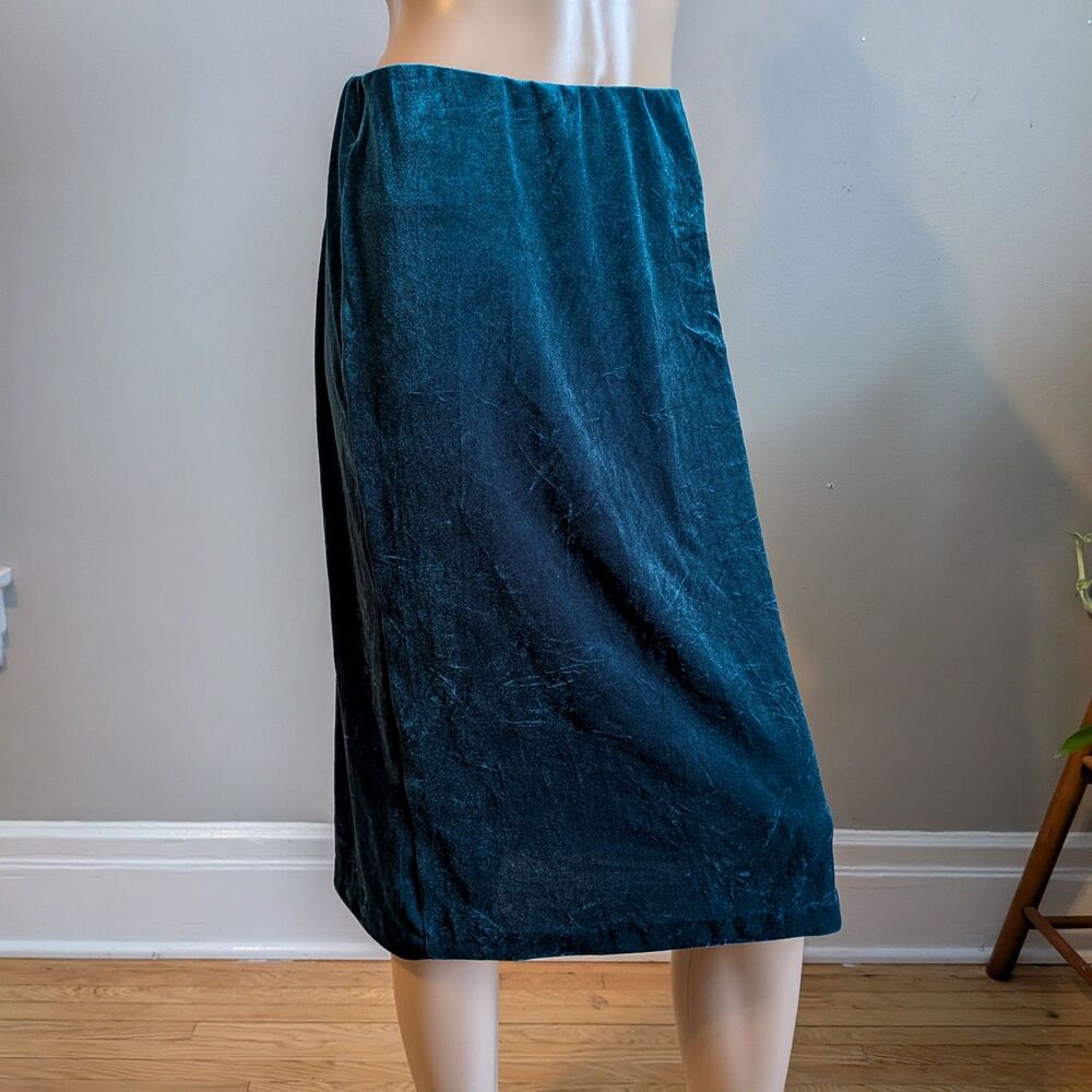 Vintage 90s EDYN Clothing Green Crushed Velvet Midi Skirt Size Small